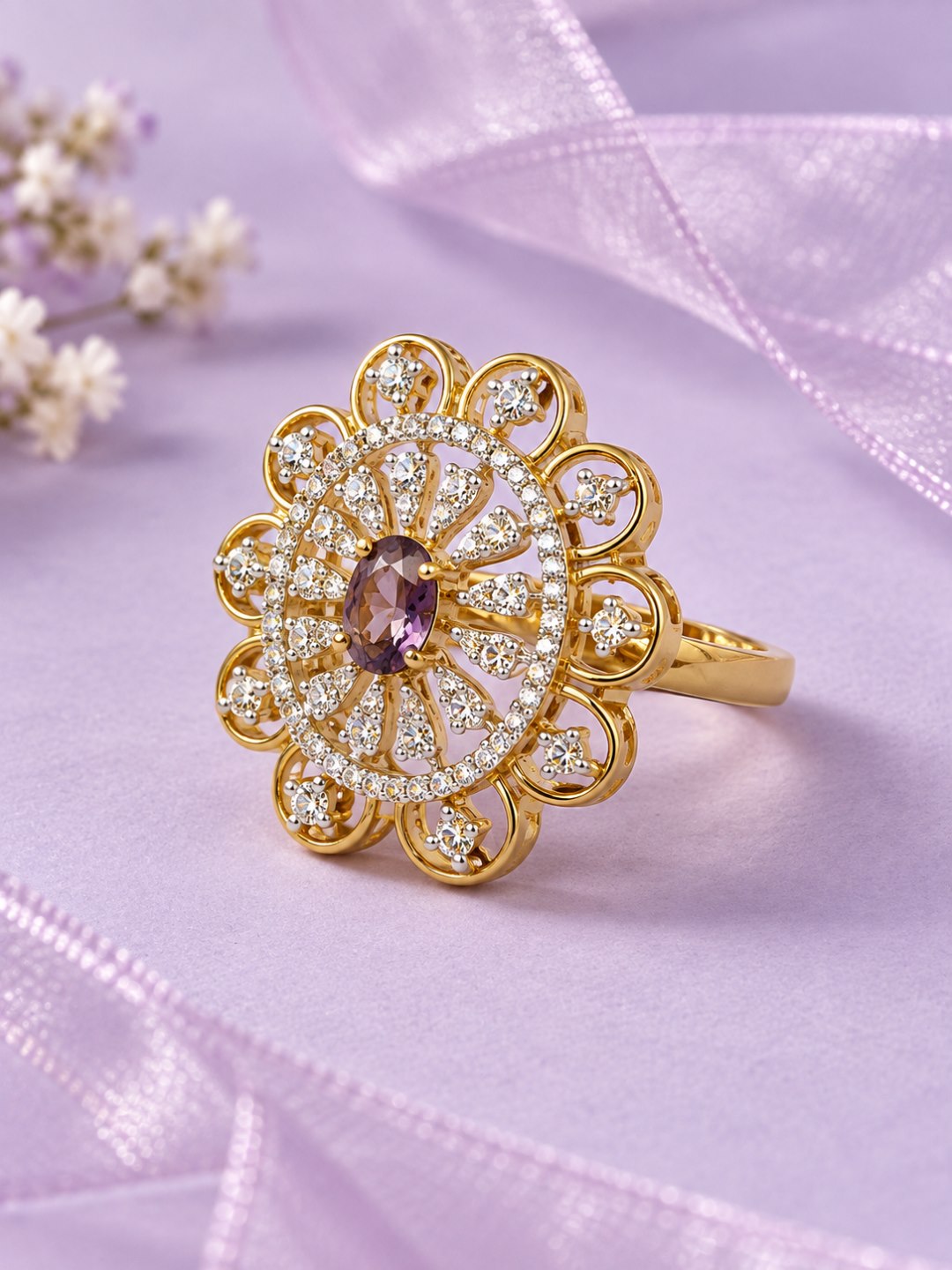 Purple Center Stone Scalloped Floral Halo Ring - Gold Plated