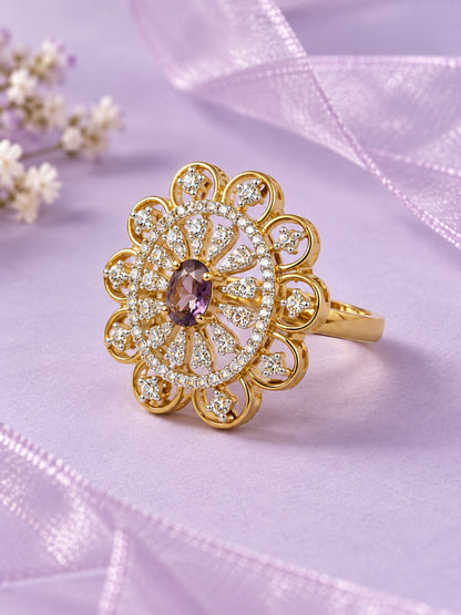 Purple Center Stone Scalloped Floral Halo Ring - Gold Plated