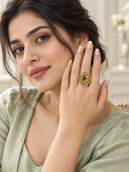 Green Stone Oval Sunburst Ring - Gold Plated, additional view 2