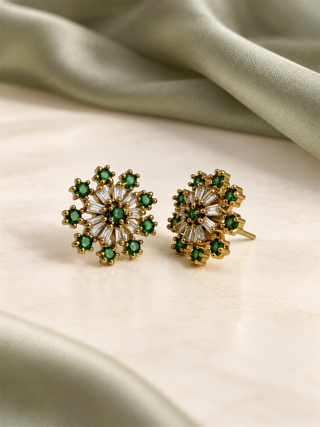 Green Baguette Sunburst Stud Earrings, gold plated, lifestyle view