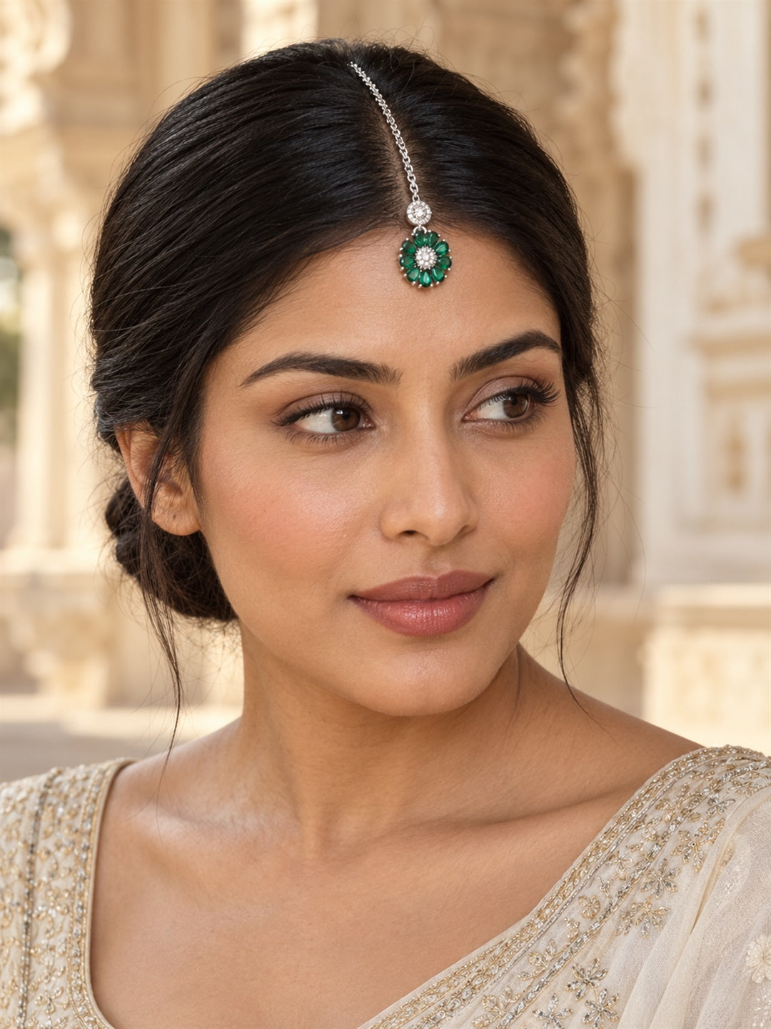 Green Teardrop Floral Maang Tikka - Silver Plated, additional view 3