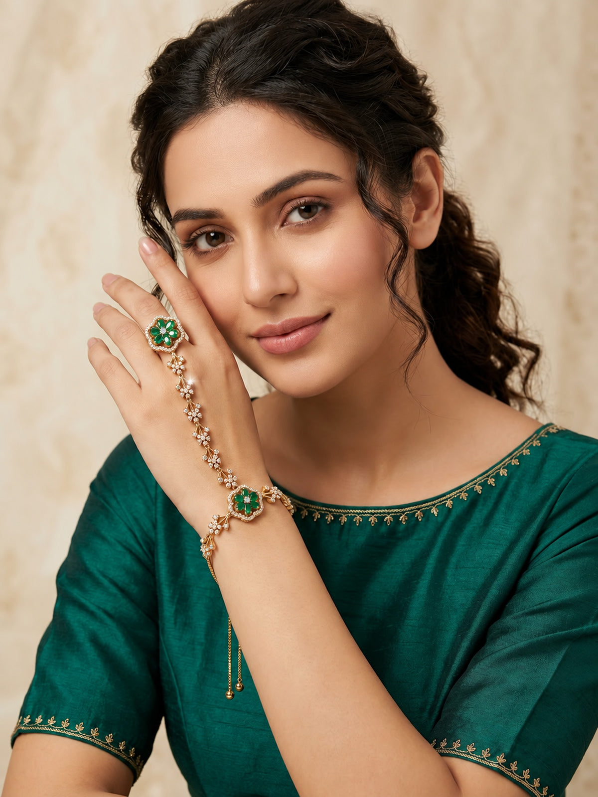 Green Floral Marquise-Stone Chain Hathphool - Mehndi Plated