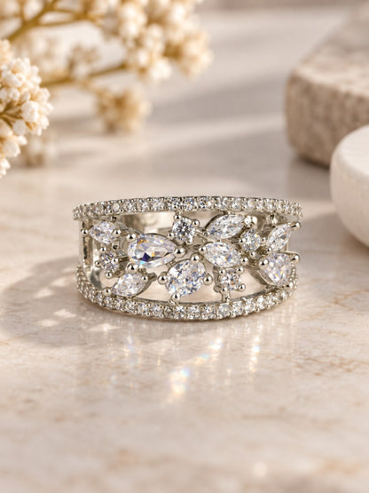 Clear Marquise Floral Band Ring - Silver Plated