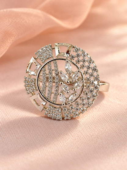 Clear Stone Circular Geometric Ring - Silver Plated - alternate view