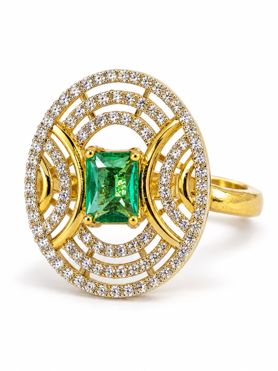 Sea Green Center Stone Oval Geometric Halo Ring - Gold Plated
