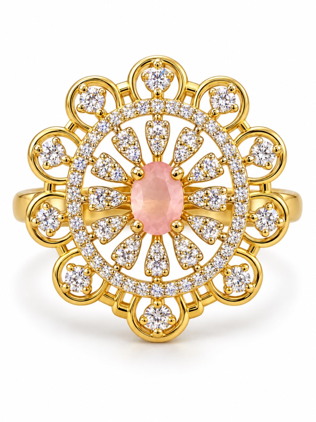 Pink Center Stone Scalloped Floral Halo Ring - Gold Plated