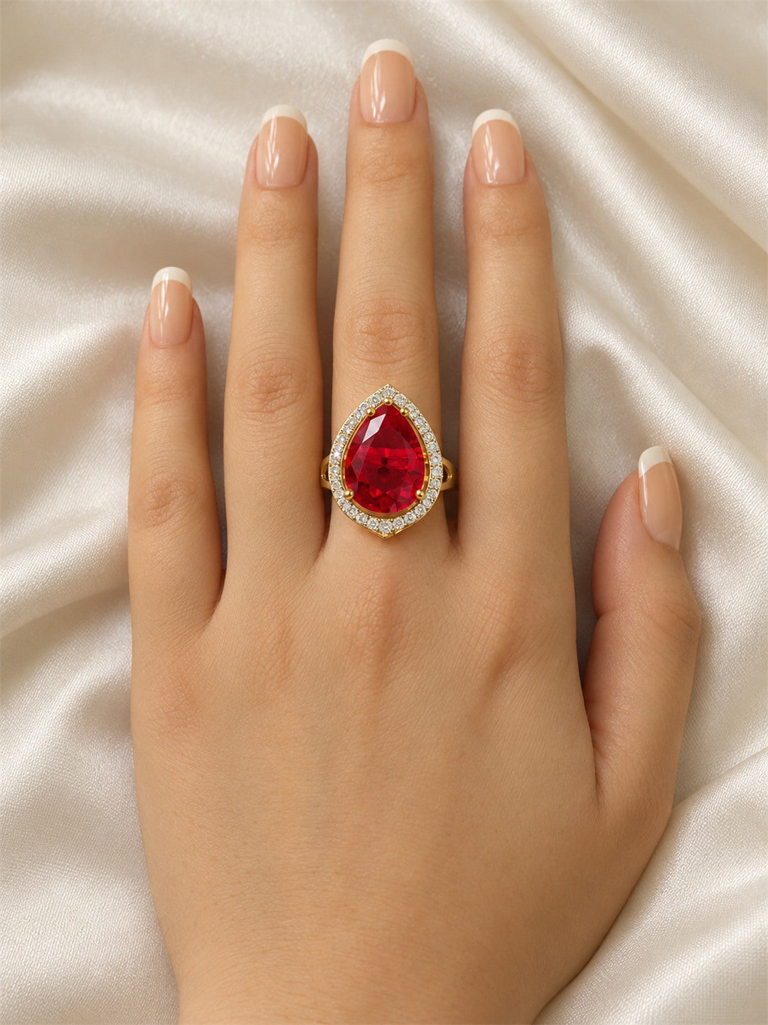 Red Teardrop Stone Halo Ring - Gold Plated, model close-up