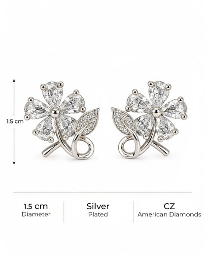 Clear Flower and Leaf Stud Earrings, silver plated, size and plating details