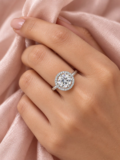 Clear Round Solitaire Halo Ring - Silver Plated worn on hand