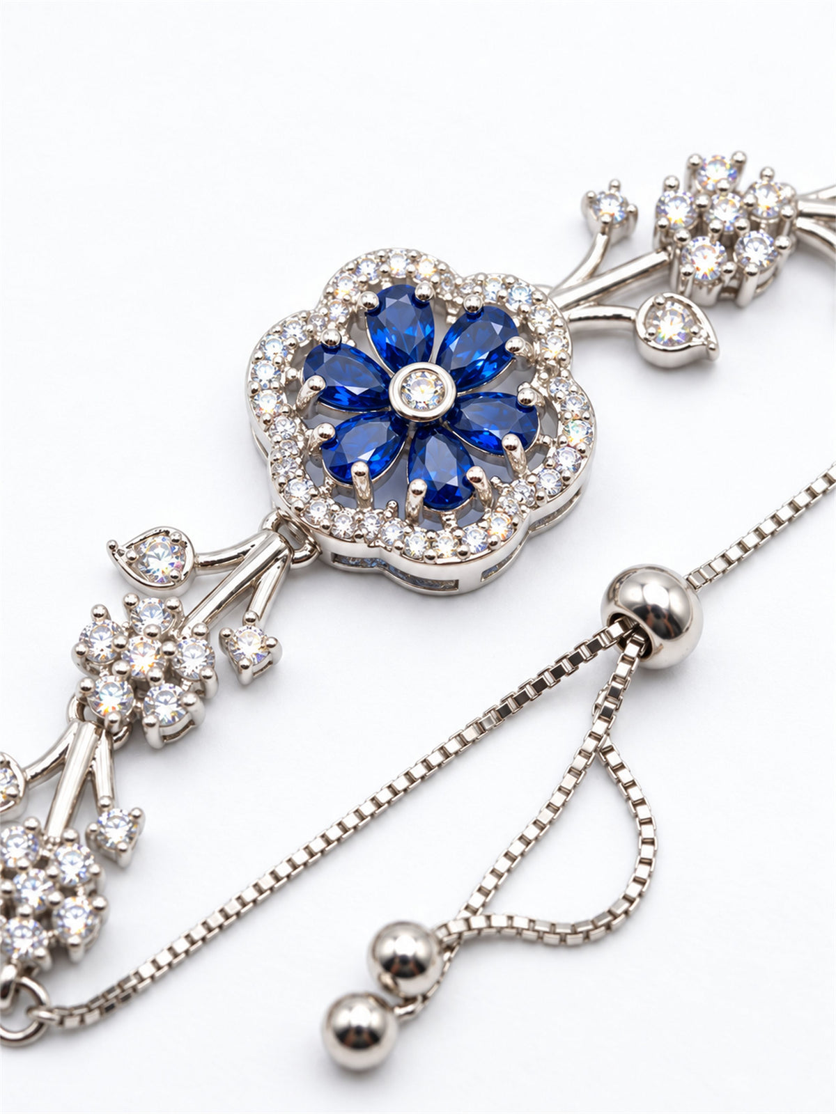 Blue silver-plated floral marquise-stone chain hathphool