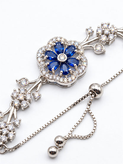 Blue silver-plated floral marquise-stone chain hathphool