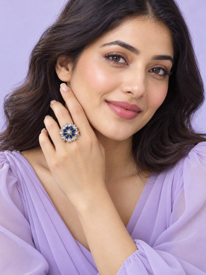 Blue Petal Halo Flower Ring - Silver Plated - alternate view