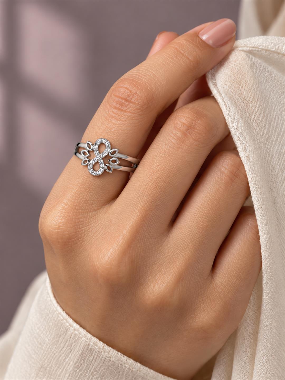 Clear Infinity Leaf Ring - Silver Plated worn on hand