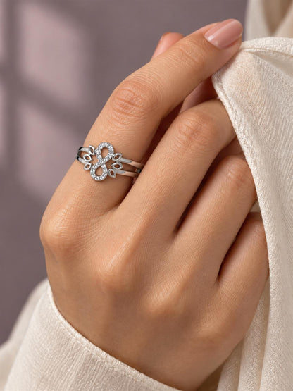 Clear Infinity Leaf Ring - Silver Plated worn on hand