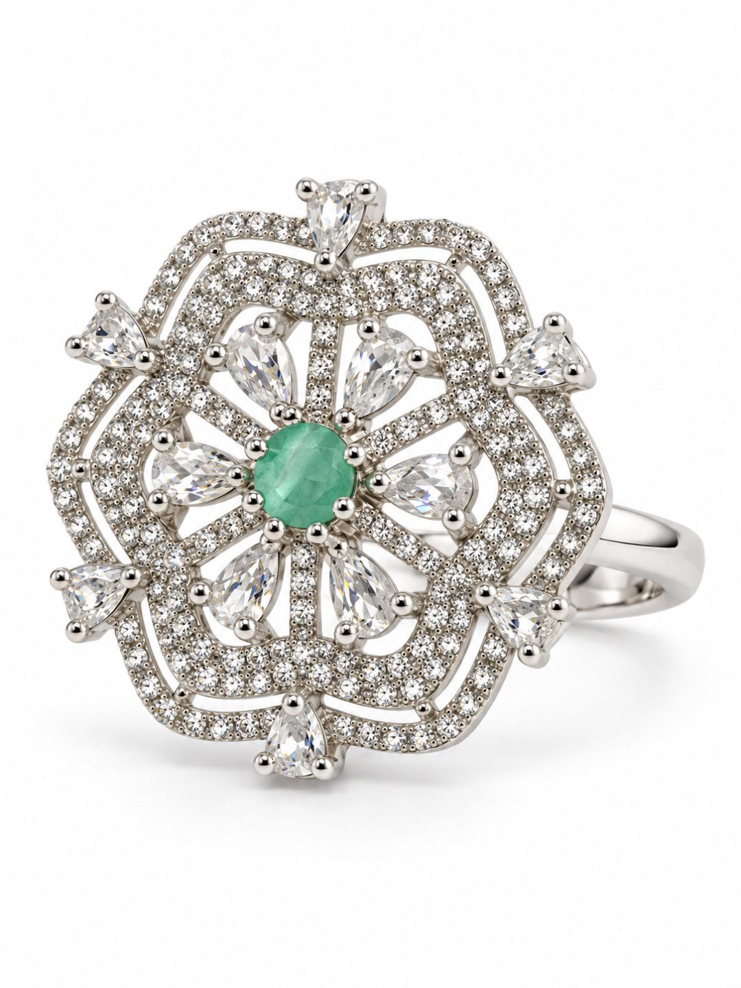 Mint Green Round Center Geometric Flower Ring - Silver Plated - alternate view