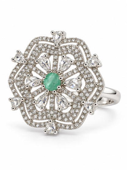 Mint Green Round Center Geometric Flower Ring - Silver Plated - alternate view