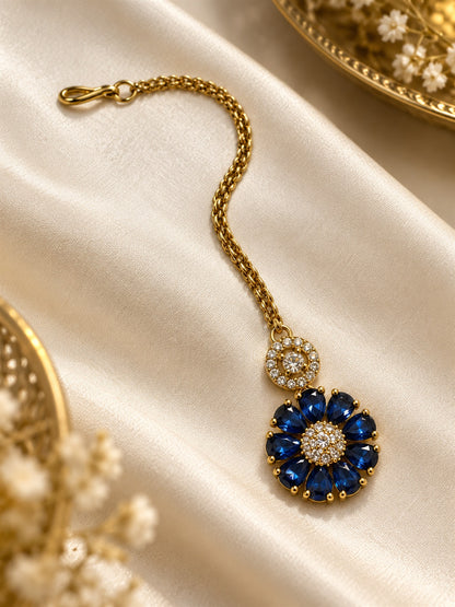 Blue Teardrop Floral Maang Tikka - Gold Plated, additional view 4