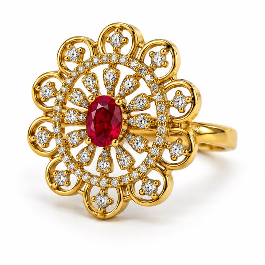 Red Stone Scalloped Sunburst Ring - Gold Plated, product view