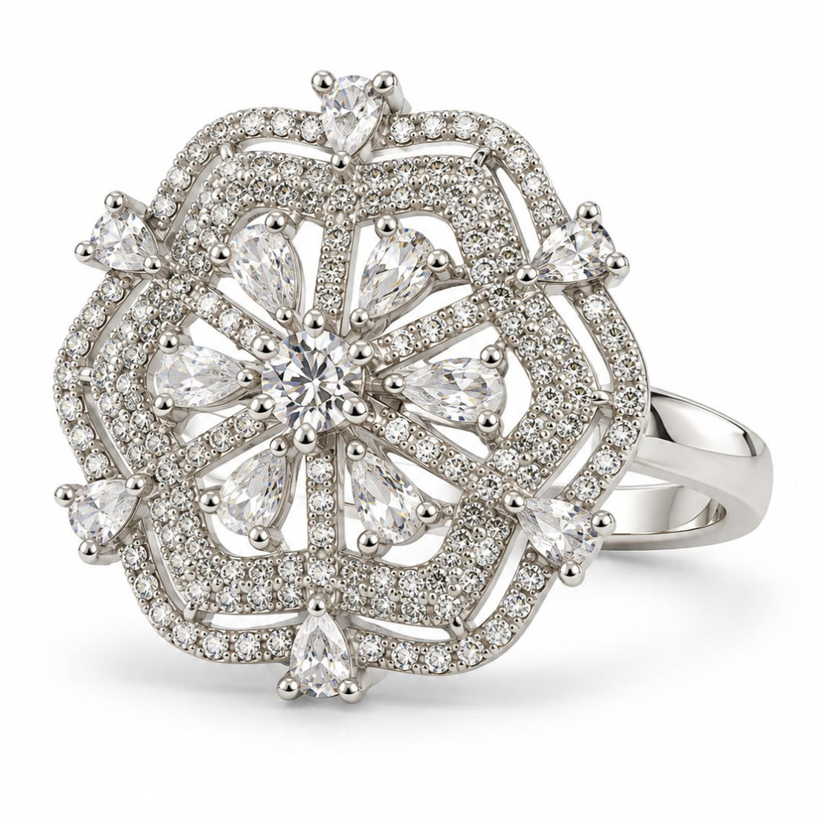 Clear Round Center Geometric Flower Ring - Silver Plated - product view