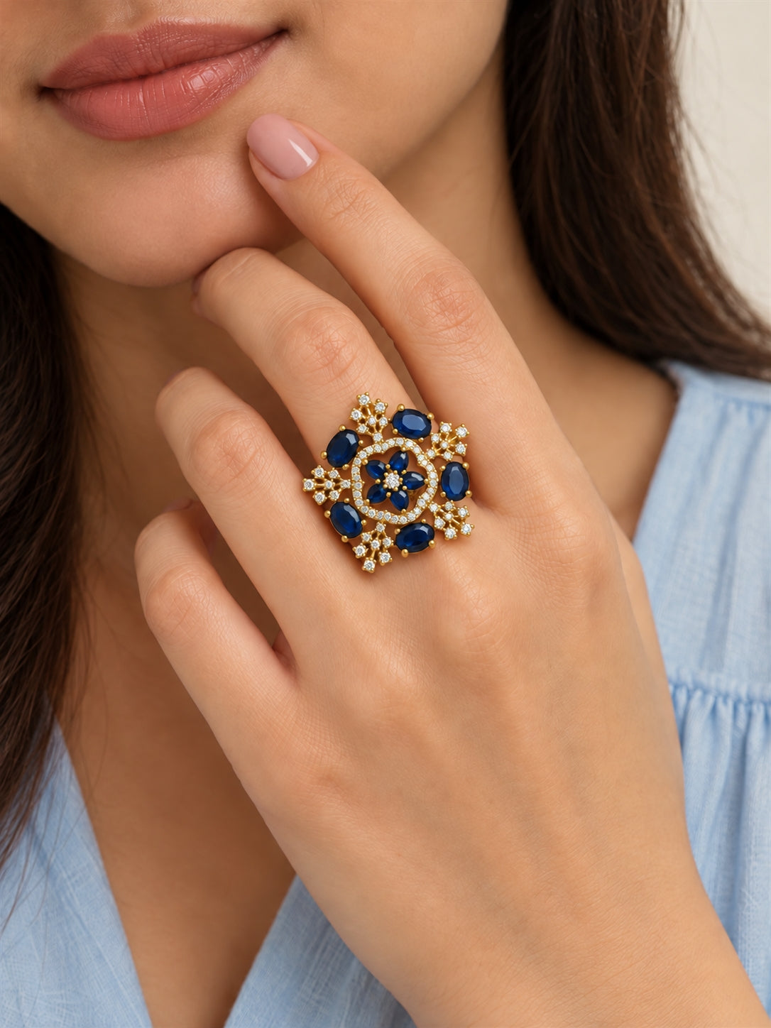 Blue Stone Floral Cross Cluster Ring - Gold Plated, model close-up