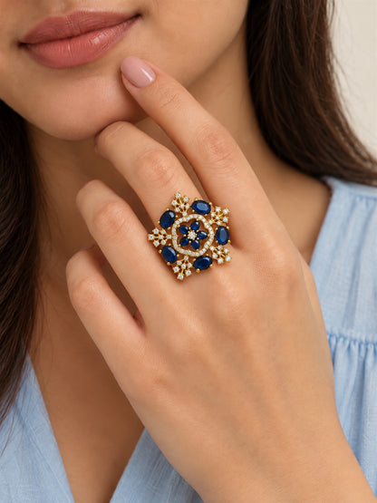 Blue Stone Floral Cross Cluster Ring - Gold Plated, model close-up