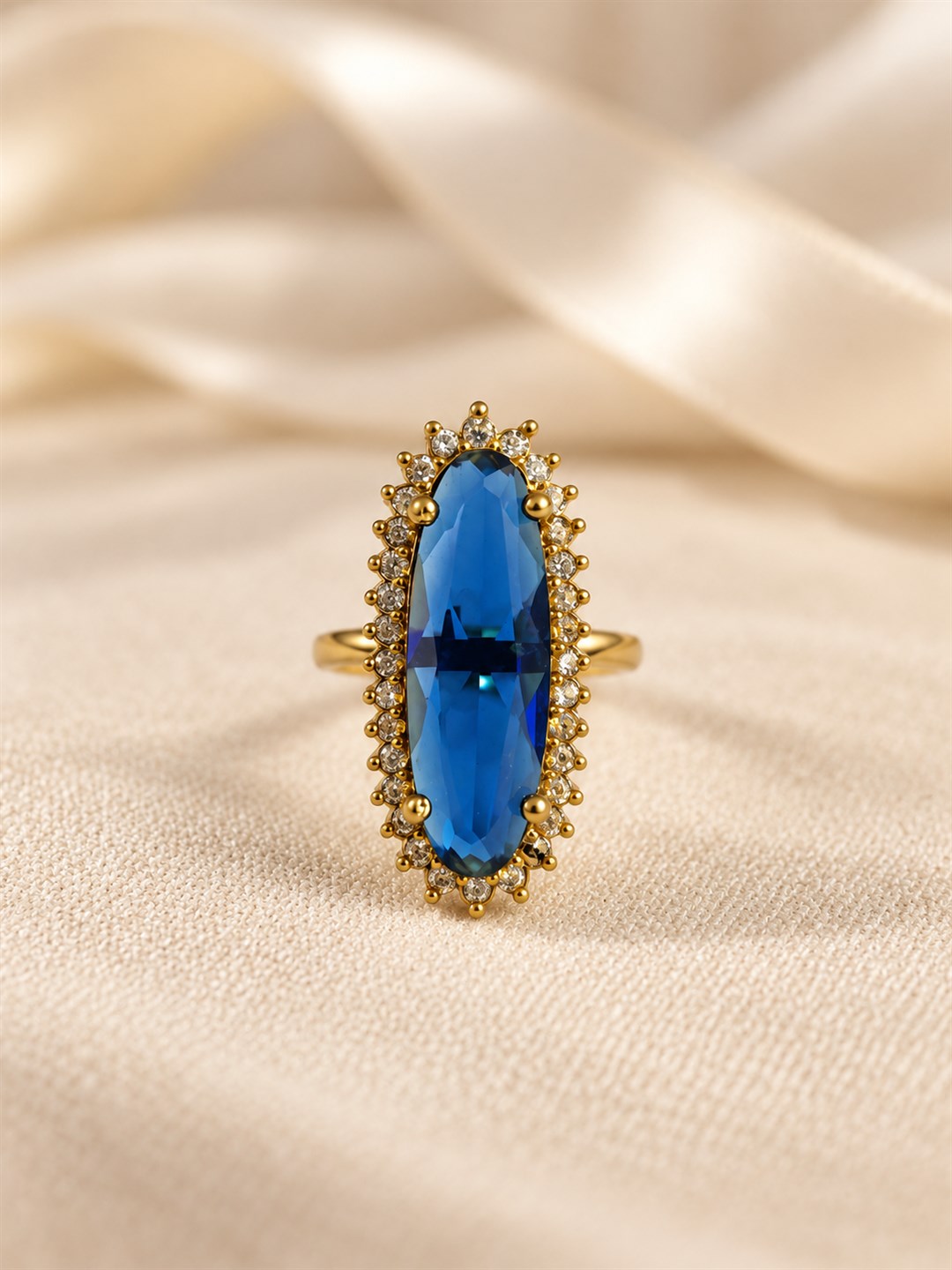 Blue Stone Elongated Stone Halo Ring - Gold Plated, additional view 3