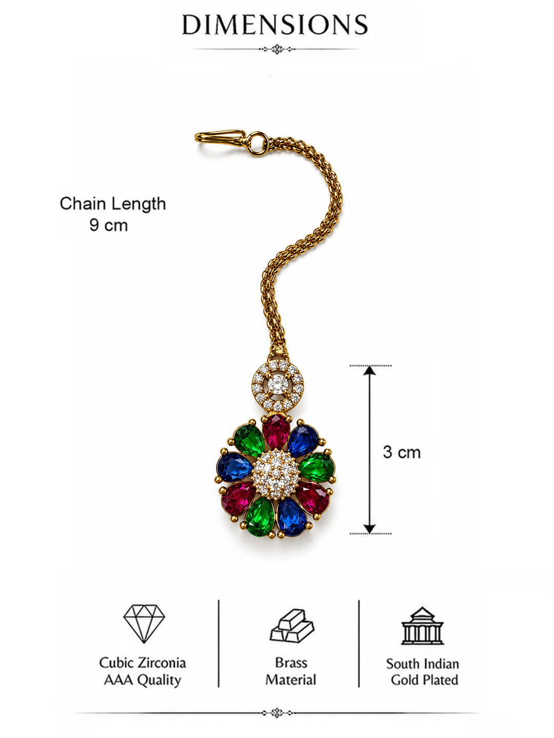 Multicolour Teardrop Floral Maang Tikka - Gold Plated, additional view 5