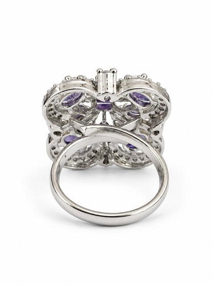 Purple Square Center Quatrefoil Ring - Silver Plated - alternate view
