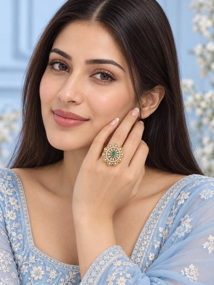 Green Center Stone Scalloped Floral Halo Ring - Gold Plated