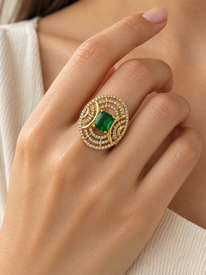 Green Stone Rectangular Stone Oval Halo Ring - Gold Plated, model close-up