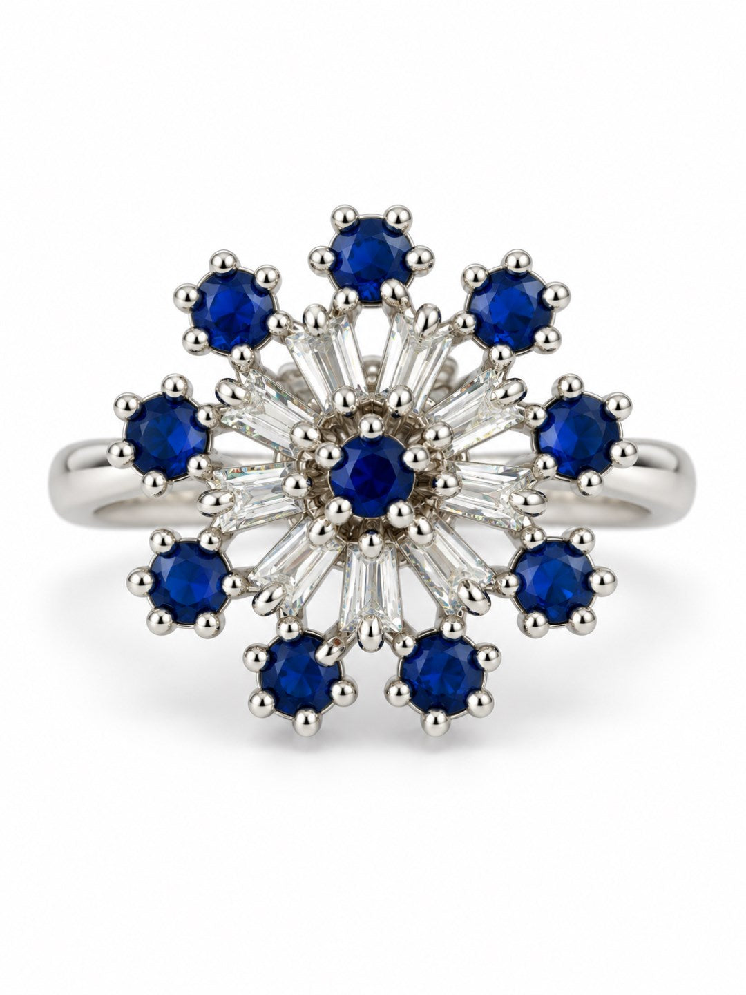Blue Floral Starburst Ring - Silver Plated