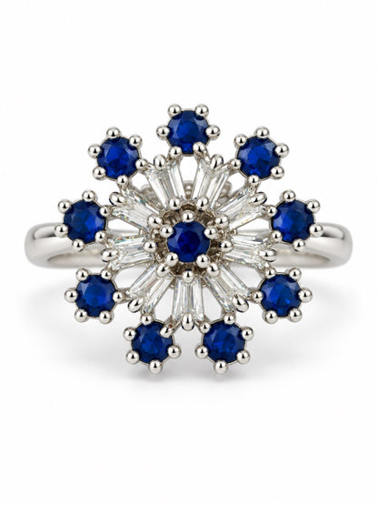 Blue Floral Starburst Ring - Silver Plated
