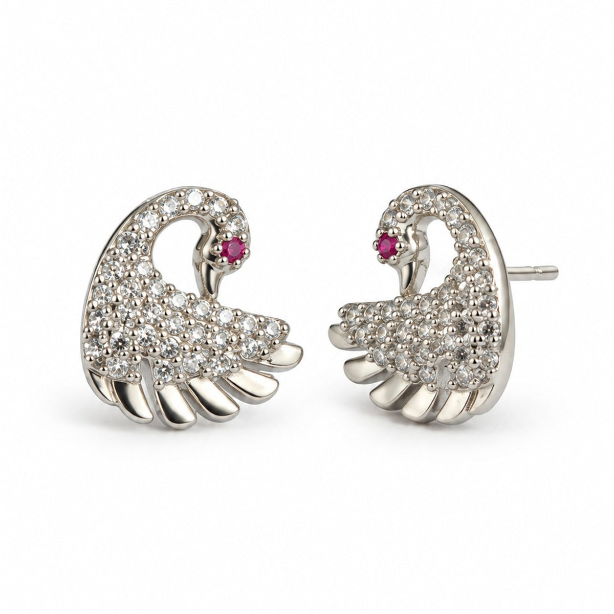 Clear Stone Swan Stud Earrings, silver plated