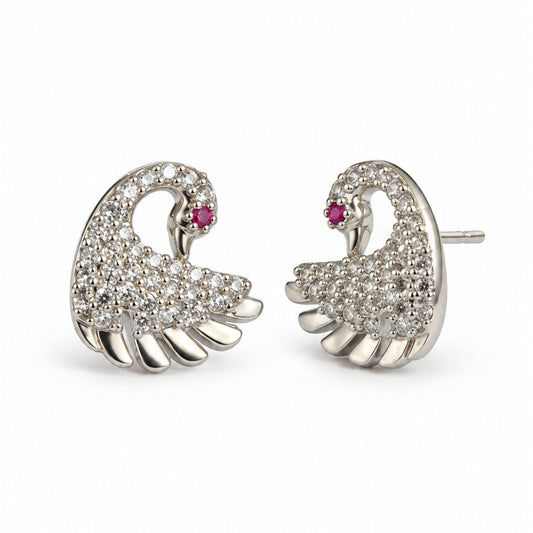 Clear Stone Swan Stud Earrings, silver plated
