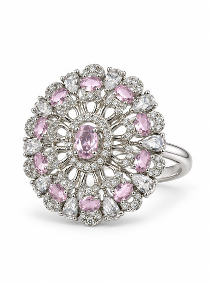 Pink Oval Center Floral Cluster Ring - Silver Plated - alternate view