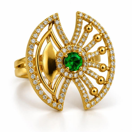 Green Stone Openwork Fan Ring - Gold Plated, product view