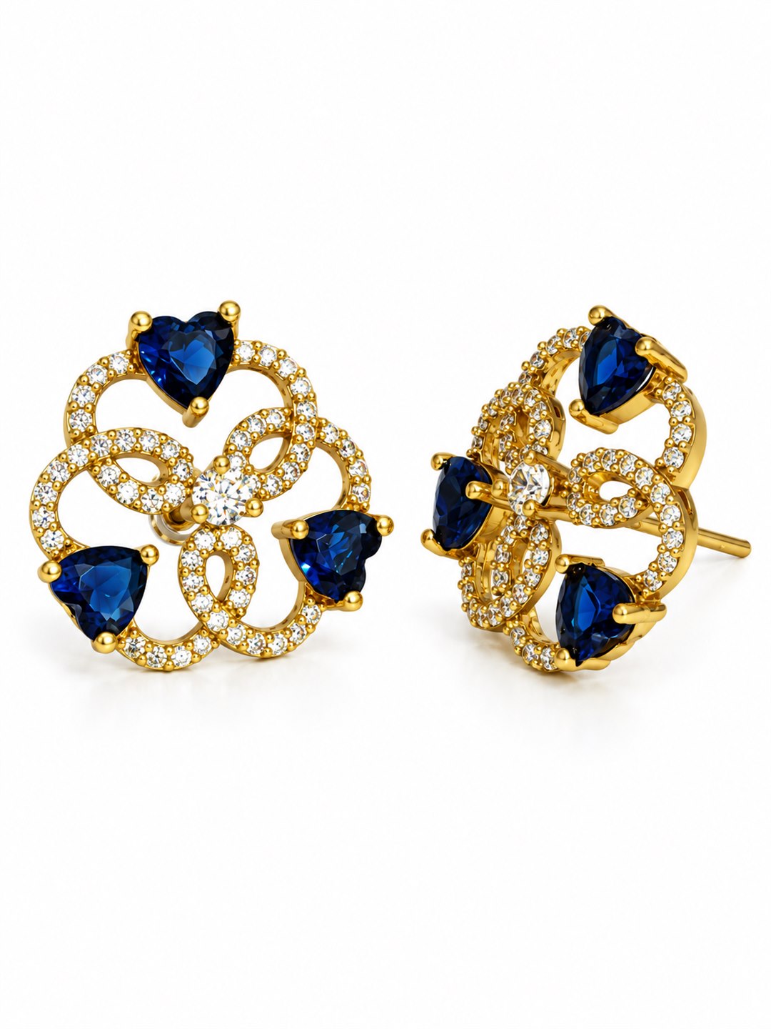 Blue Three Heart Openwork Floral Stud Earrings - Gold Plated