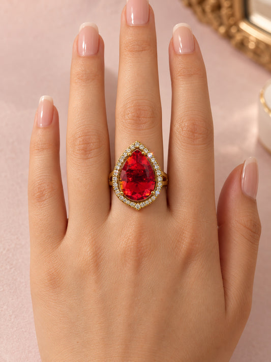 Red Pear Stone Halo Ring - Gold Plated, model close-up