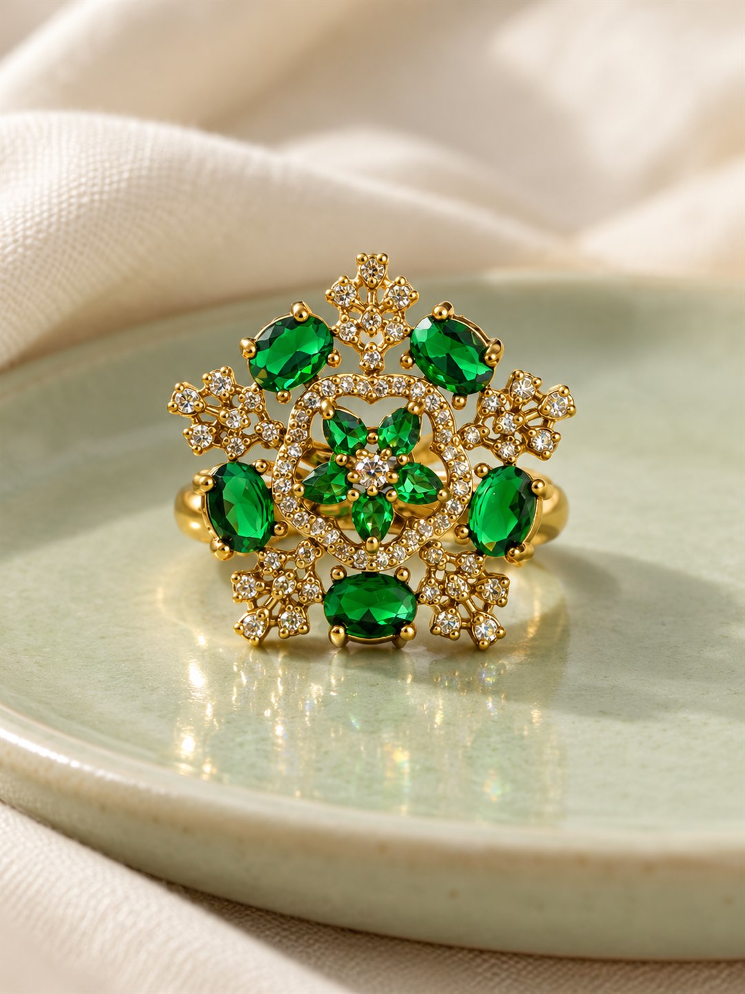 Green Stone Floral Cross Cluster Ring - Gold Plated, additional view 3