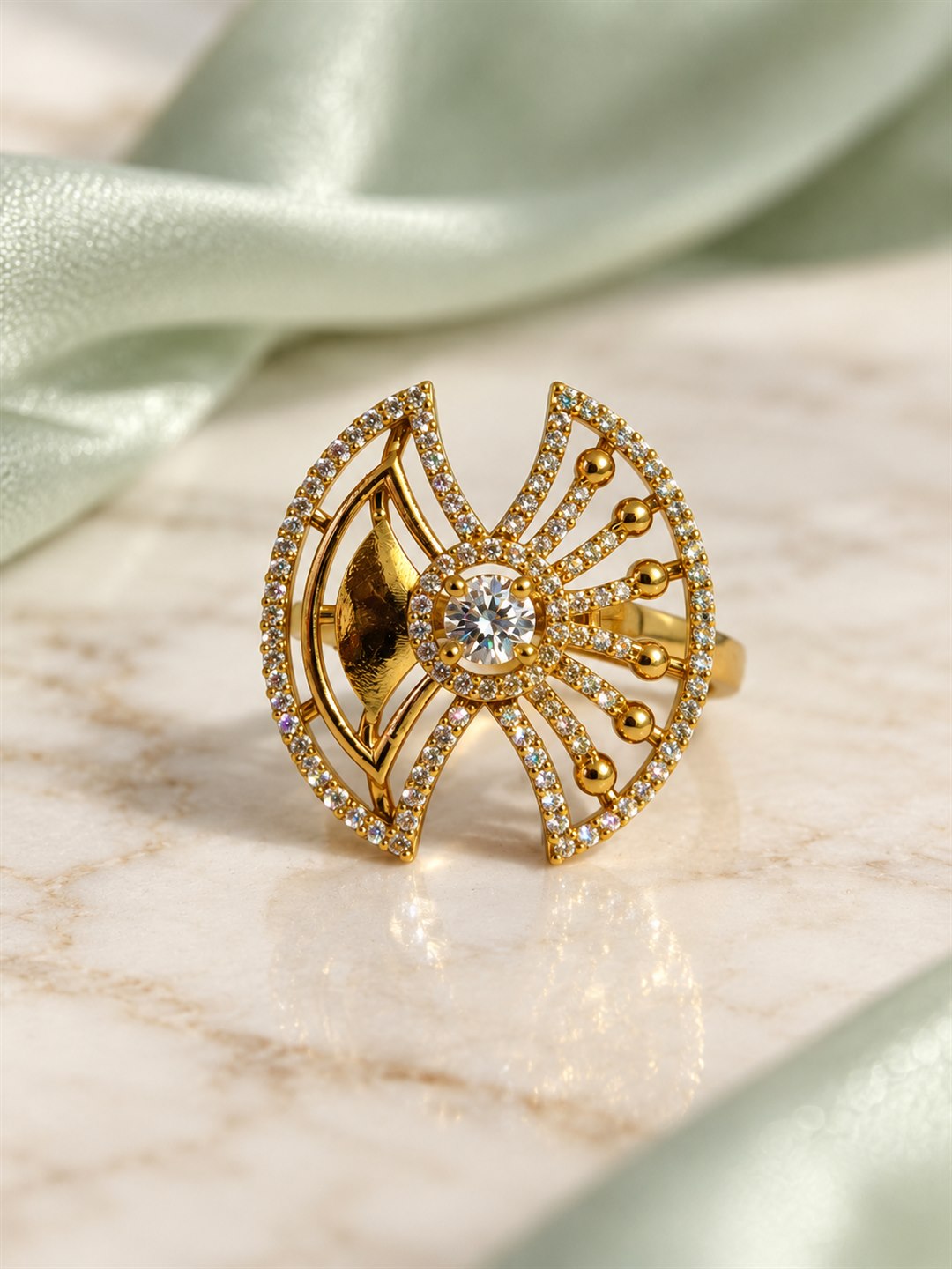 Clear Stone Openwork Fan Ring - Gold Plated, additional view 3