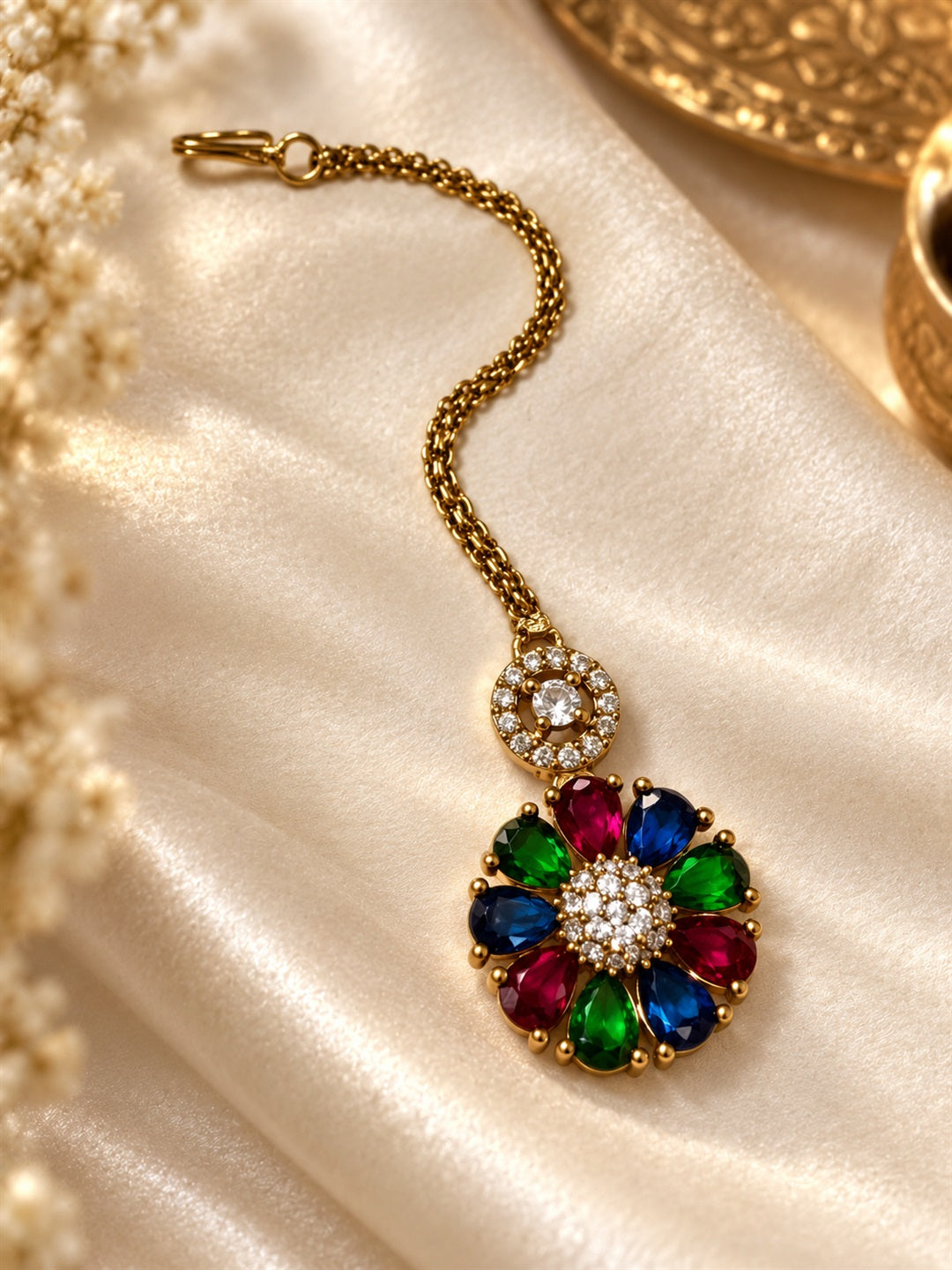 Multicolour Teardrop Floral Maang Tikka - Gold Plated, additional view 4