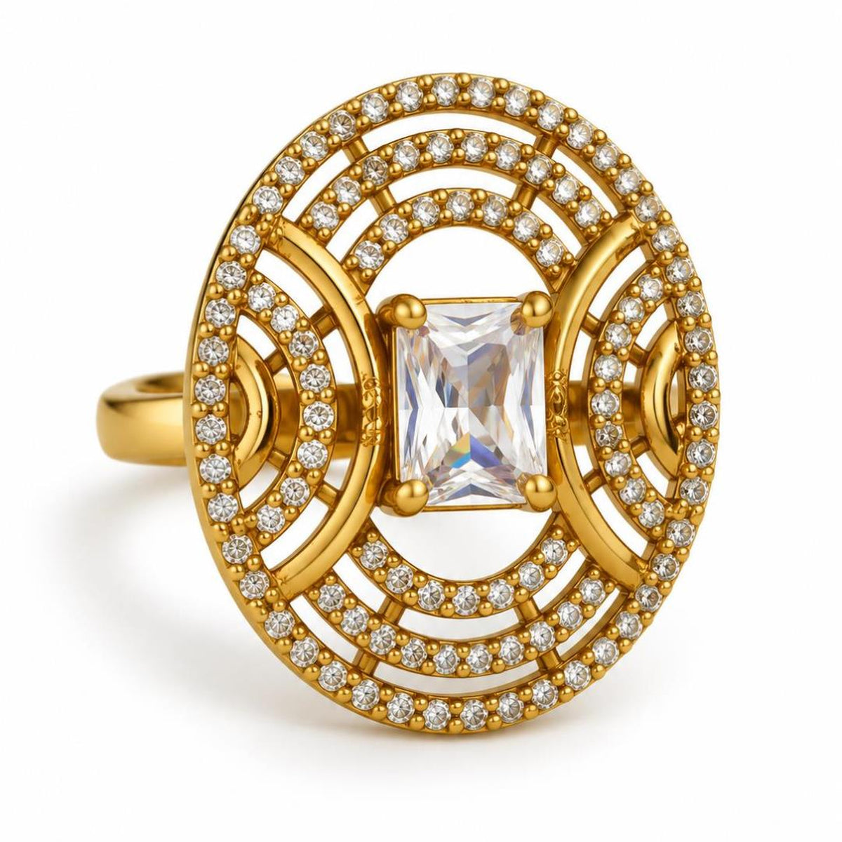 Clear Stone Rectangular Stone Oval Halo Ring - Gold Plated, product view