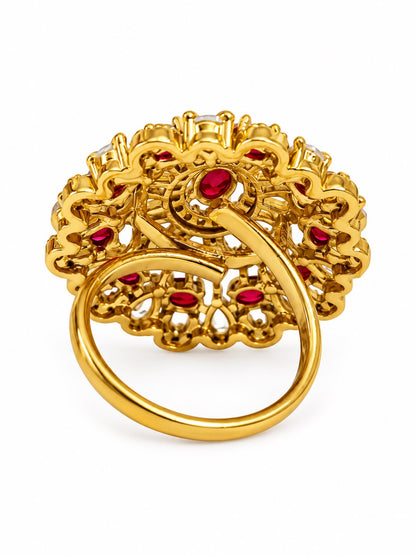 Red Stone Ornate Floral Cluster Ring - Gold Plated, additional view 5