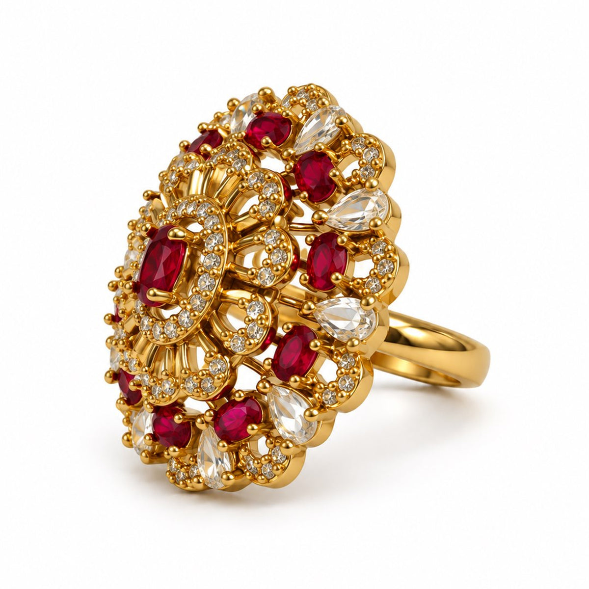Red Stone Ornate Floral Cluster Ring - Gold Plated, product view