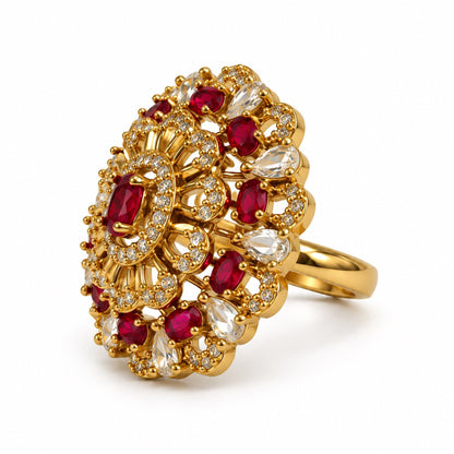 Red Stone Ornate Floral Cluster Ring - Gold Plated, product view