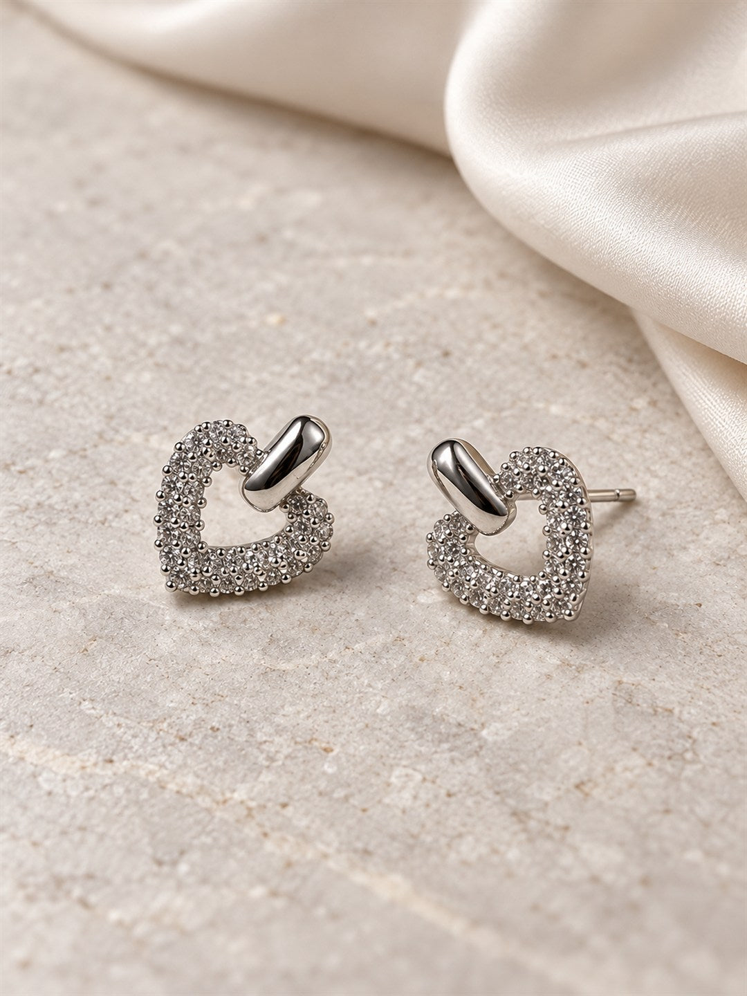 Clear Pave Open Heart Stud Earrings, silver plated, lifestyle view