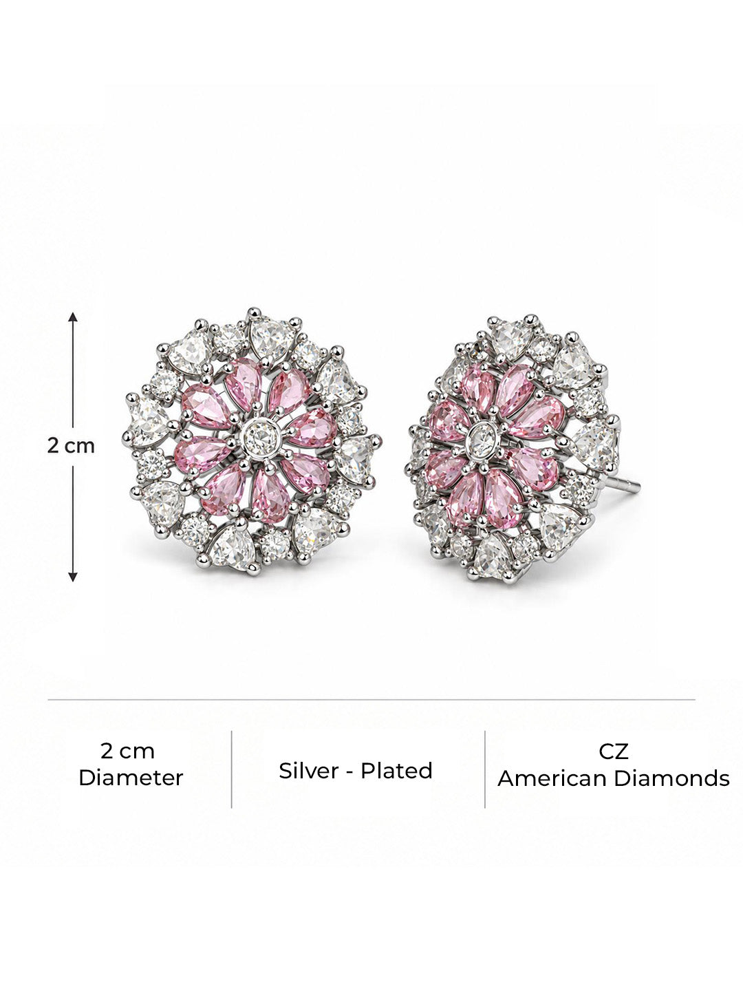 Pink heart-petal flower silver-plated stud earrings
