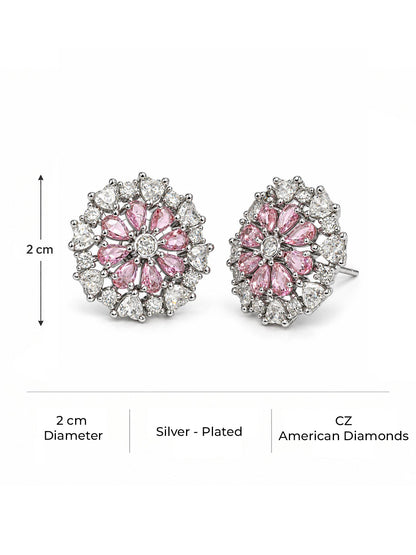 Pink heart-petal flower silver-plated stud earrings