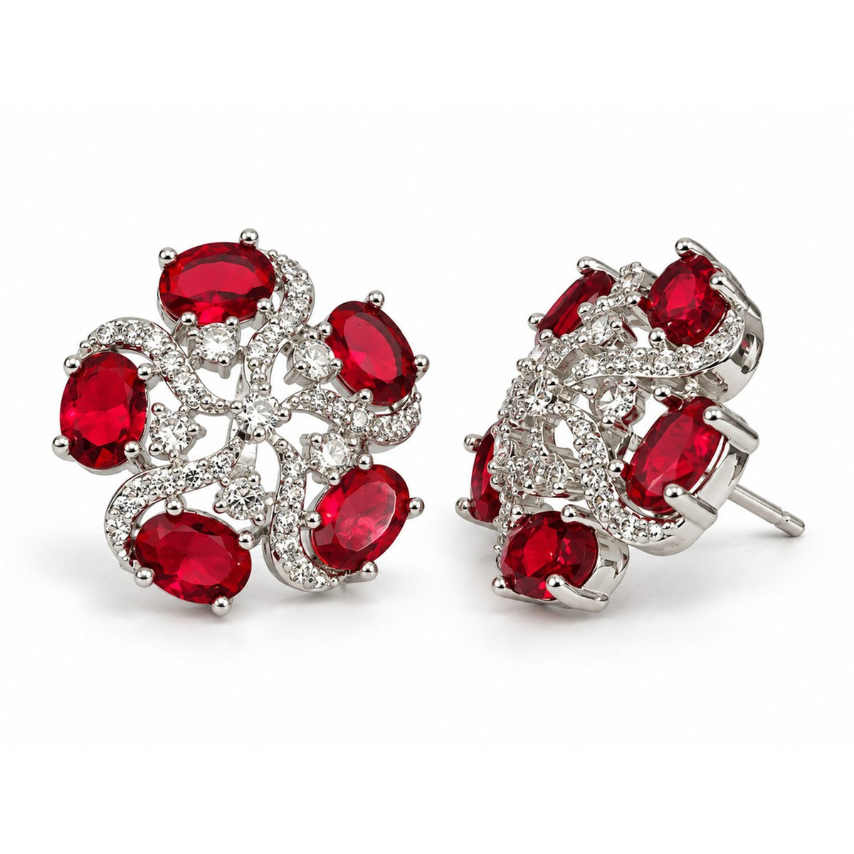Red Oval Stone Floral Stud Earrings in silver plating