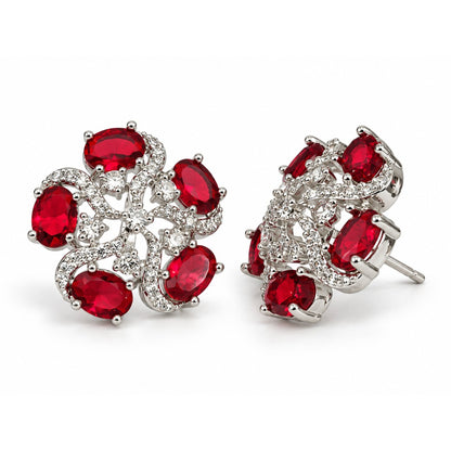 Red Oval Stone Floral Stud Earrings in silver plating